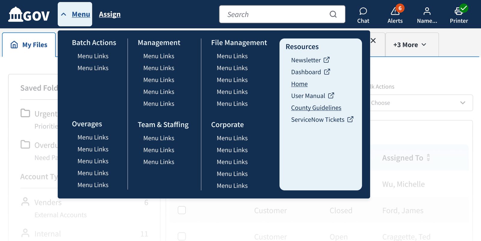 Screenshot of the main navigation mega menu as seen by a supervisor, with more tools visible