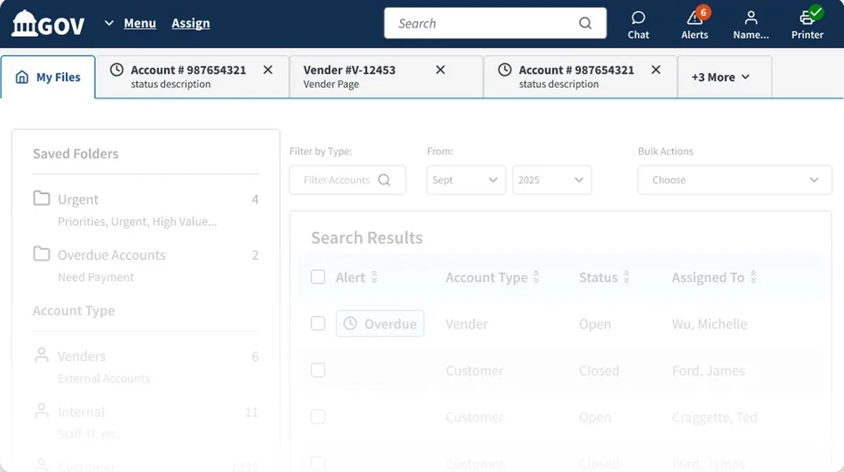 Screenshot of the redesigned account search screen, showing the My Files toolbar, filters, and search results table for a federal agency application