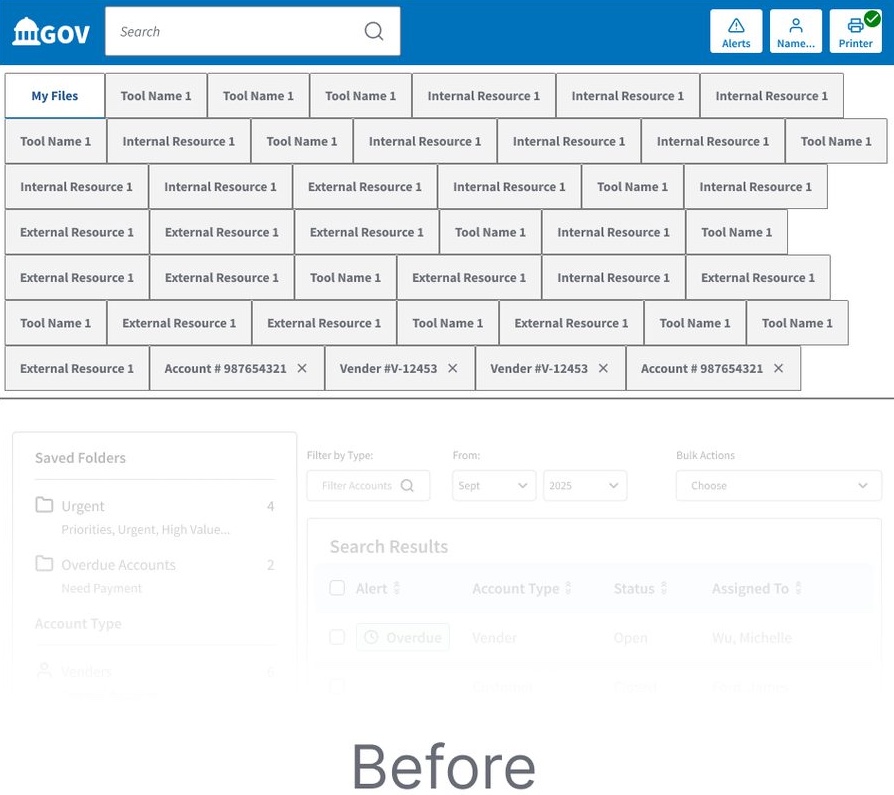Screenshot of the main navigation before the redesign, showing an unordered wall of tabs