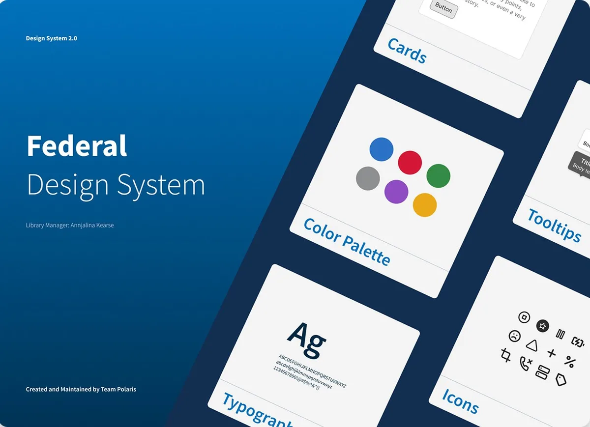Cover slide for the Federal Design System 2.0, showing card, color palette, typography, and icon set components