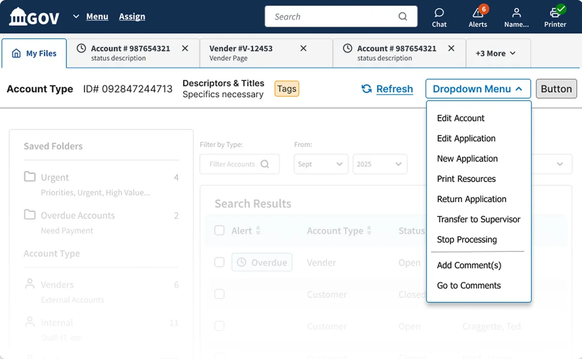 Screenshot of the redesigned toolbar, showing the account management toolbar with its consolidated dropdown menu open