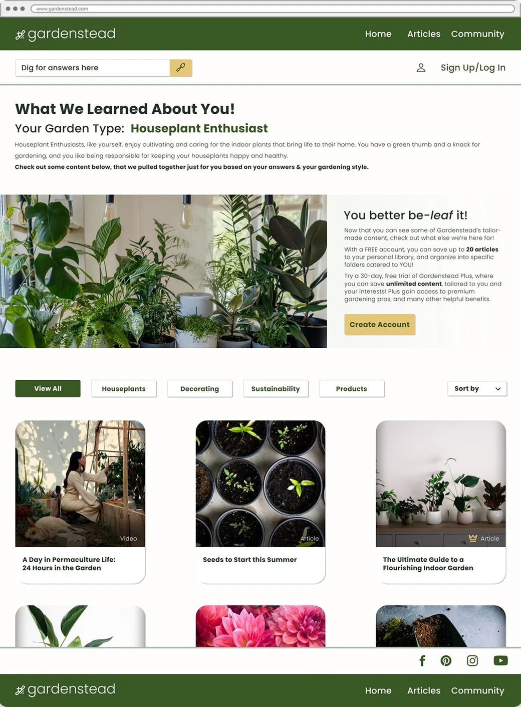 Screenshot of the Gardenstead website showing personalized content recommendations based on a user's garden type
