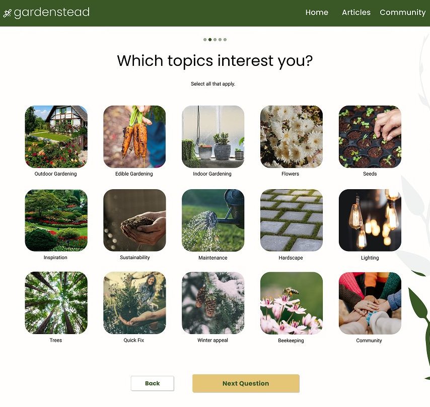 Screenshot of the Gardenstead quiz asking users which topics interest them