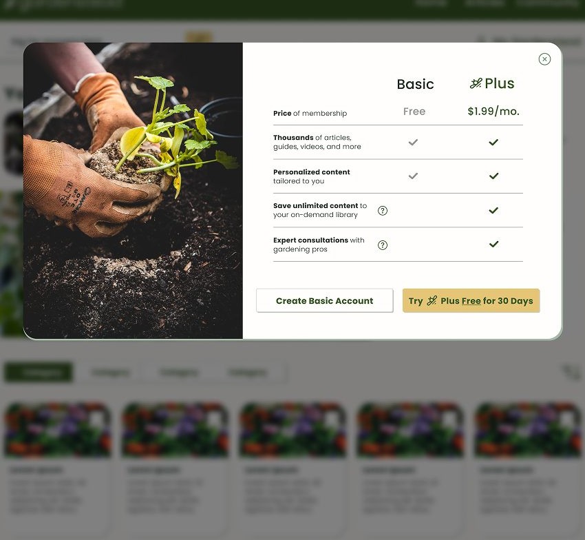 Screenshot of the Gardenstead premium account upgrade screen comparing Basic and Plus plans