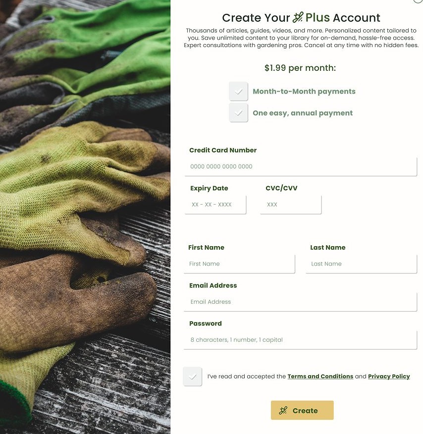 Screenshot of the Gardenstead Create Your Plus Account payment form
