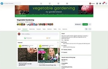 Screenshot of the Gardenstead Vegetable Gardening Facebook group page