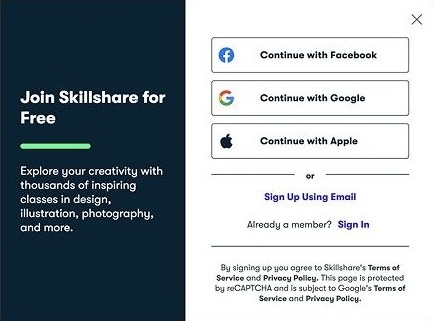 Screenshot of a Skillshare account sign-up modal