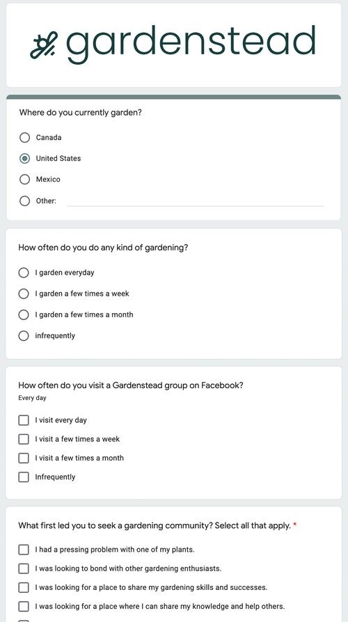 Screenshot of the Facebook group screener survey