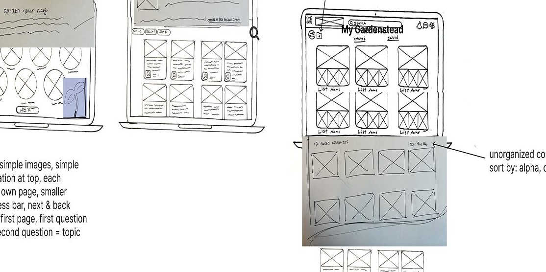 Sketches of three laptop mockups exploring the quiz and content flow for the Gardenstead MVP