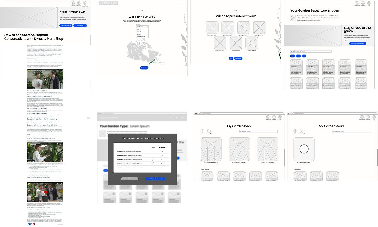 Collage of low-fidelity wireframe sketches for the Gardenstead MVP flow