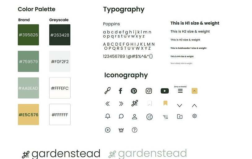 Gardenstead style guide showing color palette, typography, and iconography