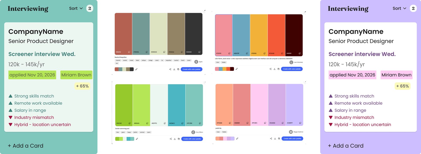 Several color palette explorations generated for the job tracker, shown alongside job card mockups in a teal theme and a purple theme