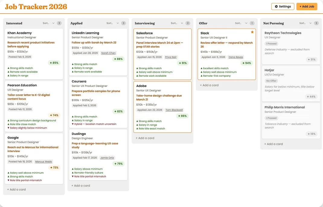Screenshot of the Job Tracker: 2026 kanban board, with columns for Interested, Applied, Interviewing, Offer, and Not Pursuing