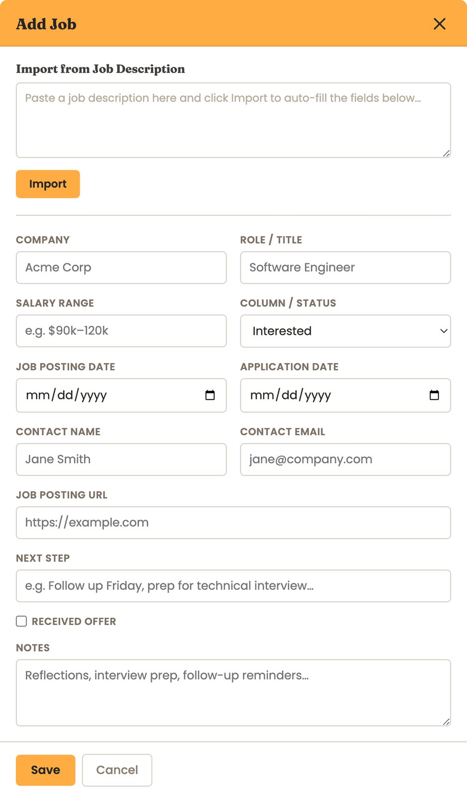 Add Job modal in the job tracker, with a field to paste and import a job description