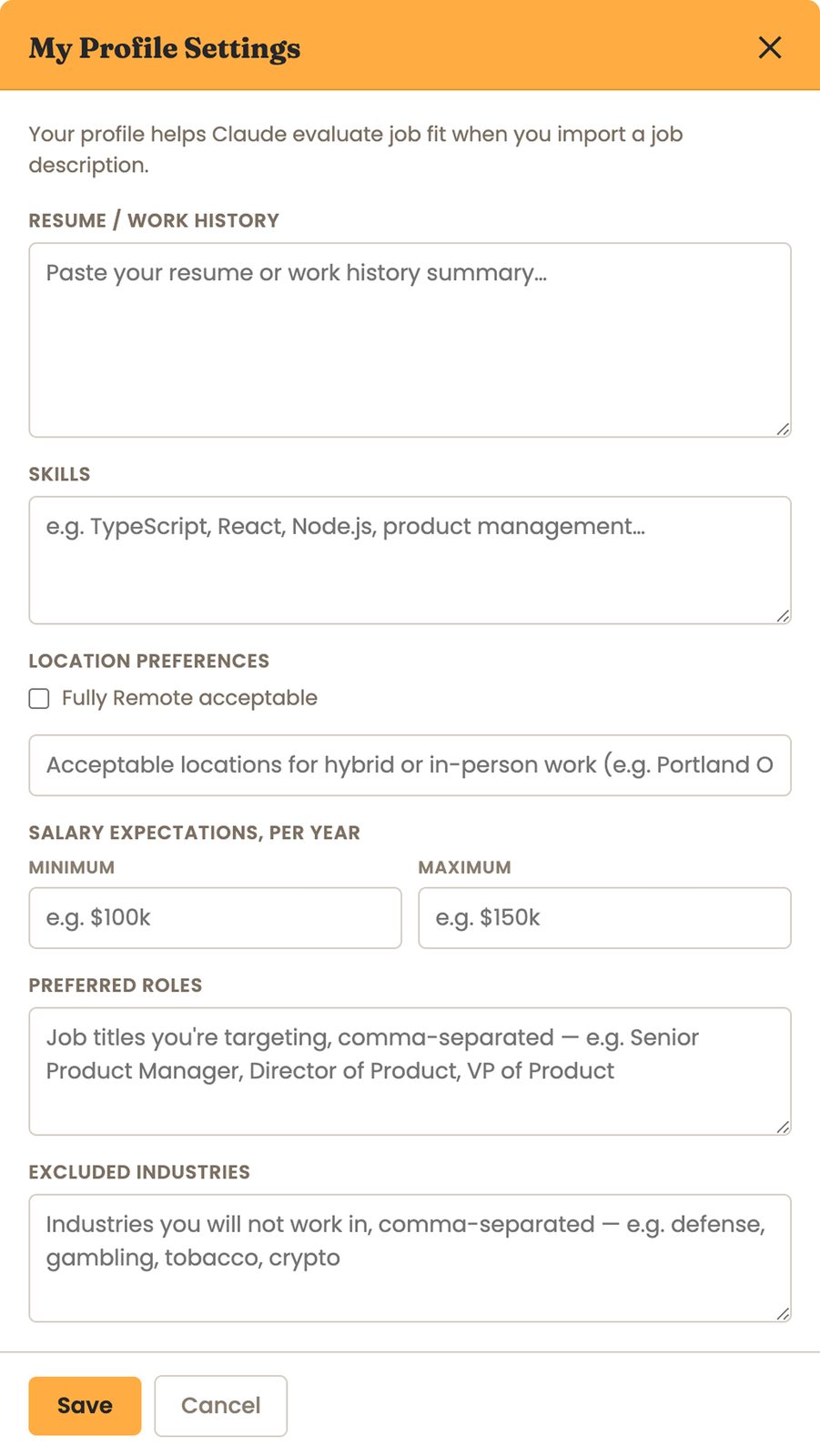 My Profile Settings modal in the job tracker, where users enter resume details and job preferences