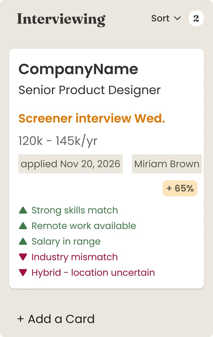Job card in the Interviewing column showing fit score with skill matches and mismatches