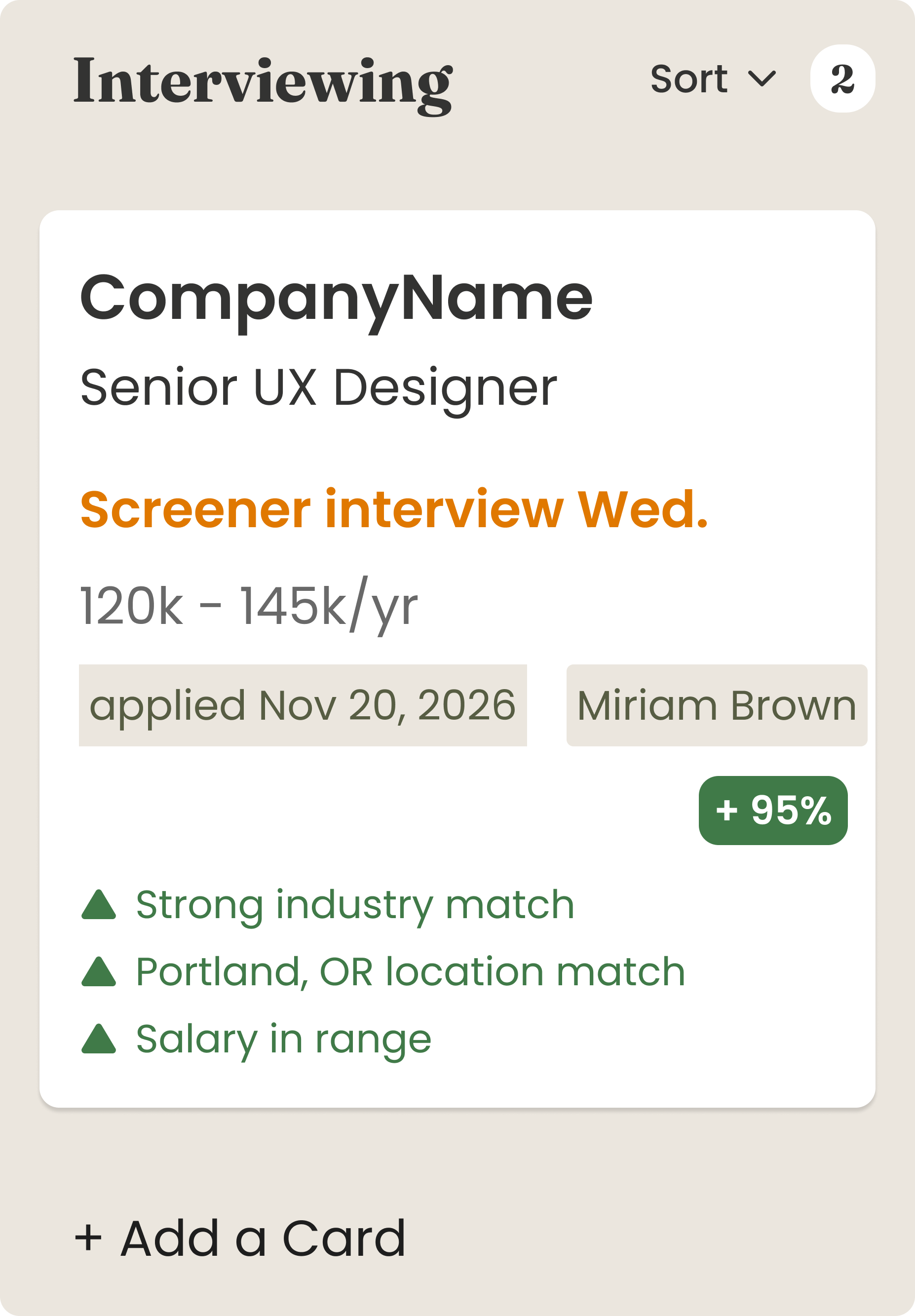 Job card in the Interviewing column in a simplified card style