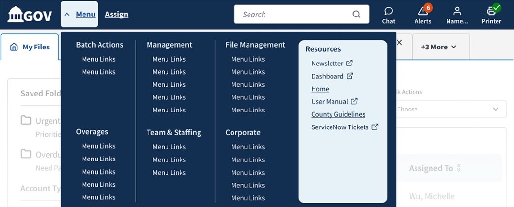 Screenshot of the redesigned main navigation with the mega menu expanded, showing categorized links for a federal agency application