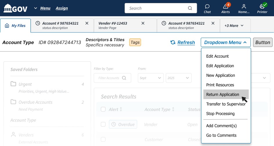 Screenshot of the redesigned toolbar with its consolidated dropdown menu open, showing account actions for a federal agency application