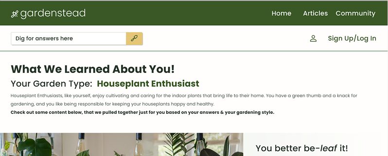 Screenshot of the Gardenstead website's personalized garden-type results and content page