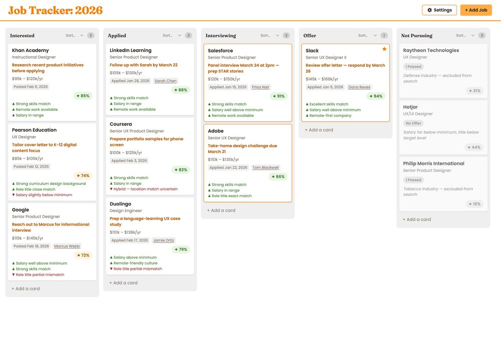 Screenshot of a job application tracker tool built with Claude Code
